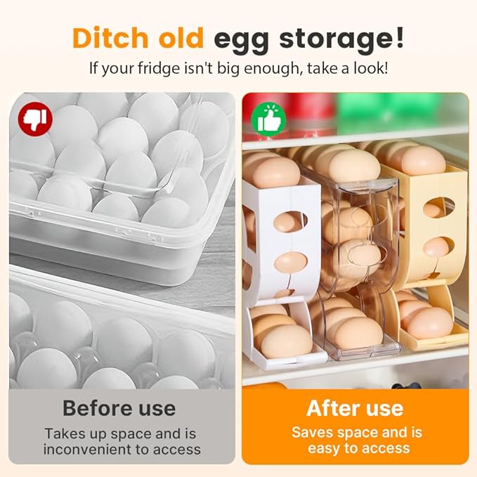 Auto Rolling Egg Holder for Fridge, 4-Tier Egg Dispenser Organizer Holds 28 Eggs, No Assembly Space-Saving Egg Storage Rack for Refrigerator & Countertop (White)
