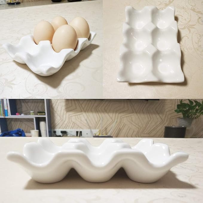 Ceramic Egg Holder Egg Tray Porcelain Fresh Egg Holder for Fridge Countertop Kitchen Storage Half Dozen 6 Cups (White)