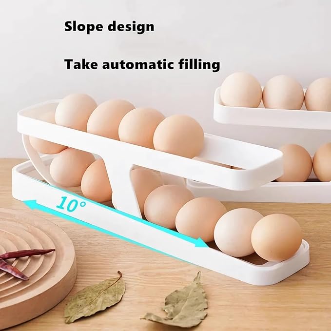 RollDown Egg Dispenser for Refrigerator - 2 Pack Space Saving Egg Holder & Organizer, FIFO Rolling Dispenser Rack for Standard/Large/Jumbo Eggs