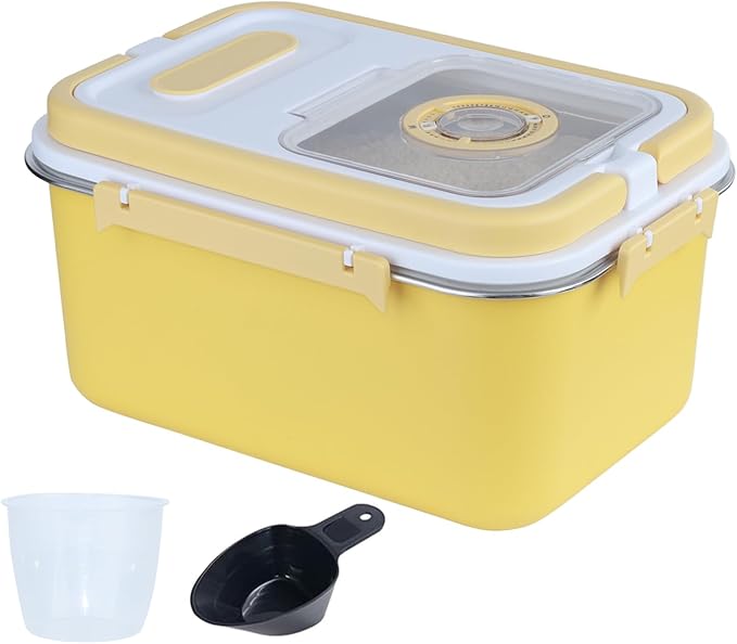 Airtight Stainless Steel Food Storage Container 20lb - Kitchen & Pantry Canister for Rice, Flour, Sugar, Baking Supplies with Measuring Cup & Spoon (Yellow)