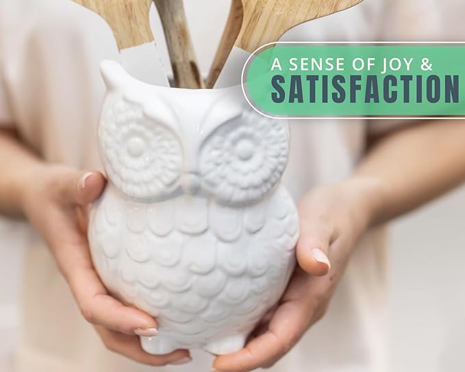 Comfify Owl Utensil Holder Decorative Ceramic Cookware Crock & Organizer, in Lovely White Color - Utensil Shaped Caddy and Perfect Kitchen Ceramic Decor Gift for Countertop - 5” x 7” x 4” Size