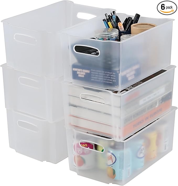 6 Packs Freezer Organizer Bins, Stackable Plastic Pantry Storage Bins, Frosted Transparent
