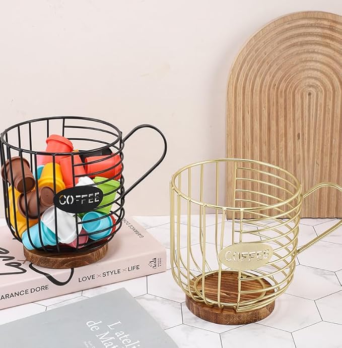 Coffee Pod Basket Holder - Large Capacity Black with Wood Lid | Display Coffee Pods & Espresso Capsules on Countertop, Rustic Wire Mesh Storage Bin with Decorative Wood Cover for Kitchen Decor