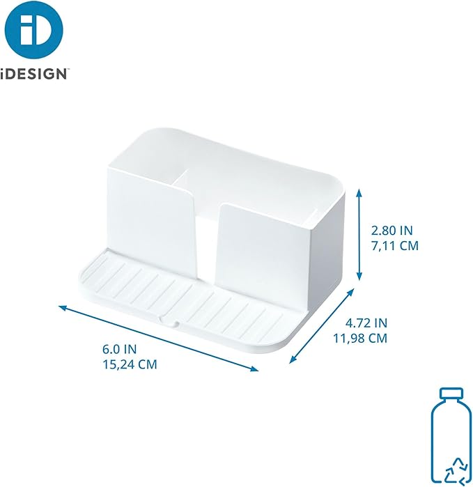 iDesign Kitchen Sink Caddy for Countertop with Sponge Holder and Drain Spout - White
