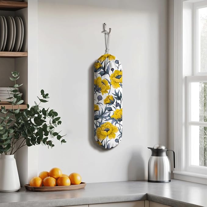 Yellow Floral Bag Holder, Shopping Trash Bags Storage Dispenser, Shopping Garbage Bags Carrier for Home, Kitchen, Travelling, Kitchen Housewarming Gifts for Women Family Friends Grandma Mom