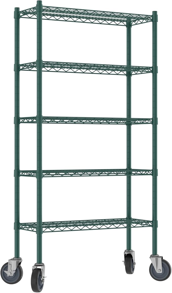 Commercial NSF Listed Green Epoxy Mobile Wire Shelving Kit 12" x 30" x 60", with 5 Shelves Perfect for Warehouse, Walk-in Refrigerator, Freezer, Grocery Store, Restaurant, Dishroom