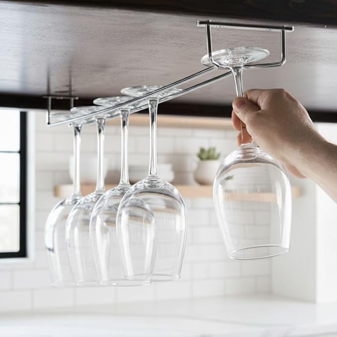 Soro Essentials- 24" Glass Hanging Stemware Rack Chrome Plated Set of 2- Wine Glass Hangers Under Shelf Cabinet Wire Wine Glasses Holder Storage Hanger for Cabinet Kitchen Bar or Home