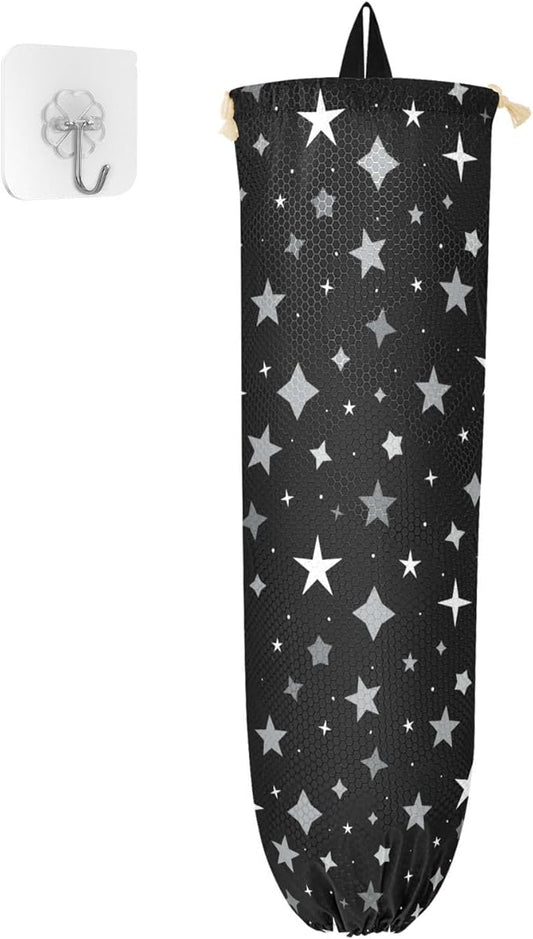 Plastic Bag Holder Wall Mount Grocery Bag Shopping Bag Storage Holder Organizer Dispenser with Adhesive Hook,for Kitchen Bathroom Home Decor 9x22inches Black Stars