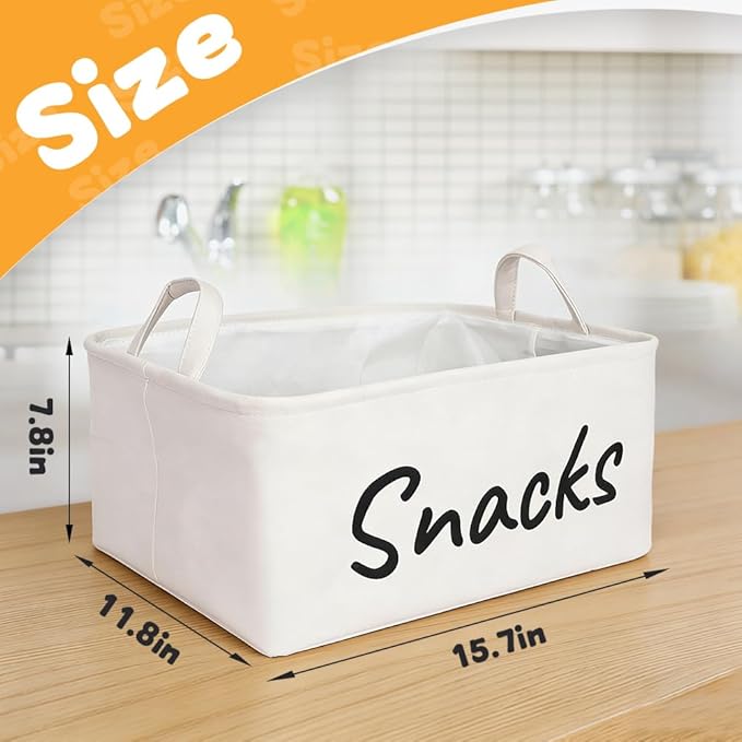 Snack Organizer Basket for Home Office: Snack Bin for Pantry (2 White Baskets)