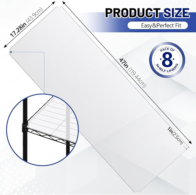 Sliner 8 Pack 18 x 48 Inch Wire Shelf Liner Clear Plastic Waterproof Liners for Organizing Metal Rack Shelves, Kitchen Cabinets, Cupboard, Pantry