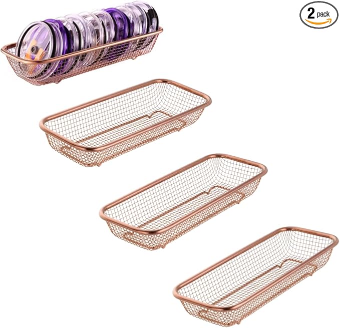 4Pack Stainless Steel Tumbler Cup Lid Organizer Inside Cabinet, Mason Jar Lid Holder, Rectangular Basket for Storage of Silverware, Chopsticks, straws and Utensils, Rosegold