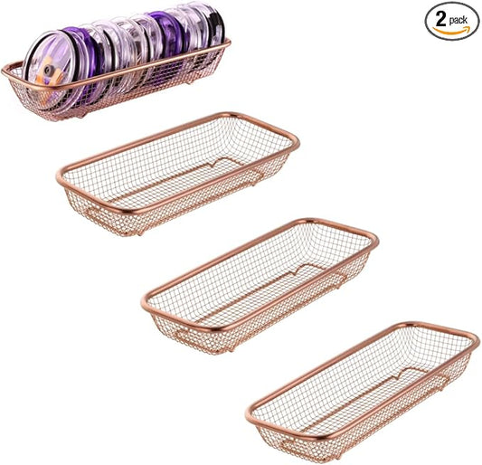 4Pack Stainless Steel Tumbler Cup Lid Organizer Inside Cabinet, Mason Jar Lid Holder, Rectangular Basket for Storage of Silverware, Chopsticks, straws and Utensils, Rosegold