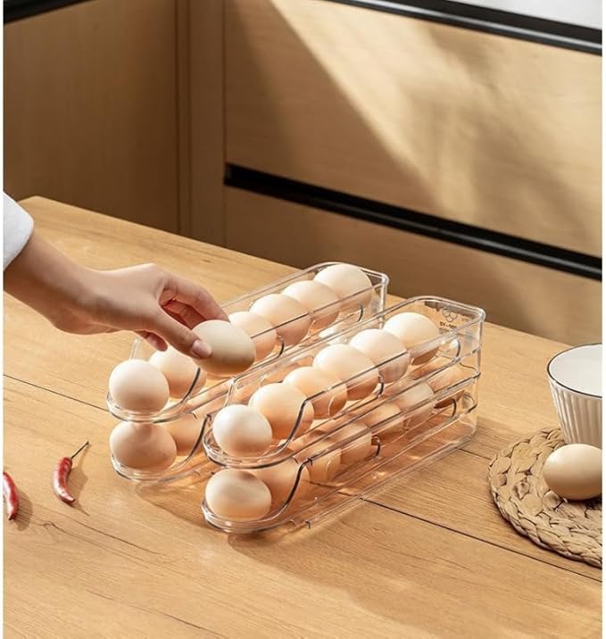 Egg Holder for Fridge,Stackable 1-4 Tiers Container,Auto Rolling Fridge Organizer for Refrigerator,Space-Saving Dispenser Holder,Refrigerator Egg Rack Transparent (1 Pack)