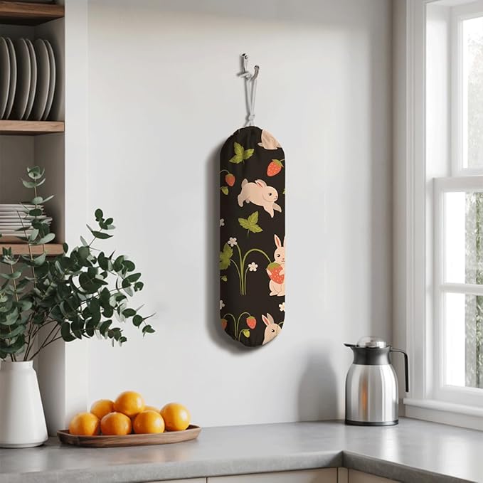 Rabbits Plastic Bag Holder, Reusable Washable Shopping Bags Storage Carrier, Fabric Garbage Trash Bag Dispenser for Home Kitchen Pantry Cabinet, Wall Mount, Kitchen Housewarming Gifts