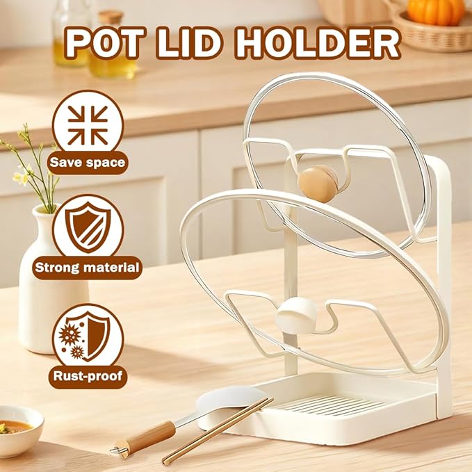 Kitchen Pot Lid Storage Rack, Pot Lid Holder for Countertop, Rust-Resistant Steel Lid Holder While Cooking, Multifunctional Spoon Rest with Removable Drip Tray (Gray, Single-layer)