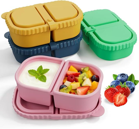 4 Pack Reusable Silicone Snack Containers with Lids, 8.5 oz- 2 Compartments, BPA-Free,Leakproof, Portable Silicone Lunch box, Snacks, Office，Picnic，Travel