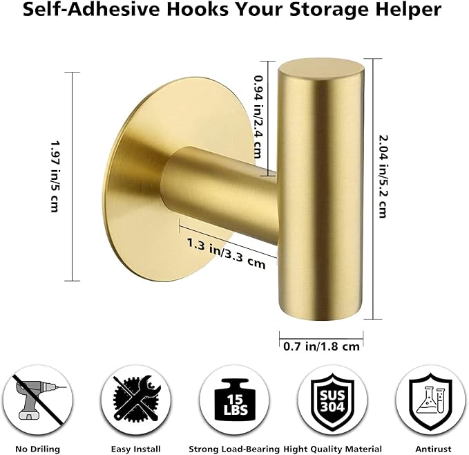 Bntuk Adhesive Hooks Towel Hooks for Bathroom, Stainless Steel Waterproof Shower Hook Towels Holders, Coat Hook for Hanging Clothes, Wall Hooks Stick on Bathroom or Kitchen - 2 Pack, Gold