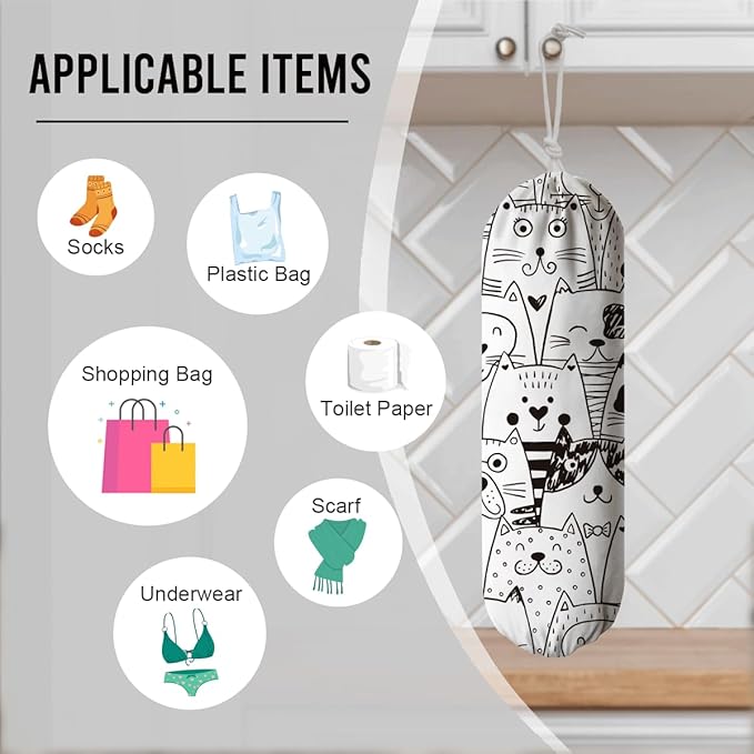 Cartoon Cats Plastic Bag Holder, Reusable Washable Shopping Bags Storage Carrier, Animal Prints Fabric Garbage Trash Bag Dispenser for Home Kitchen Pantry Cabinet, Wall Mount, Gifts for Women