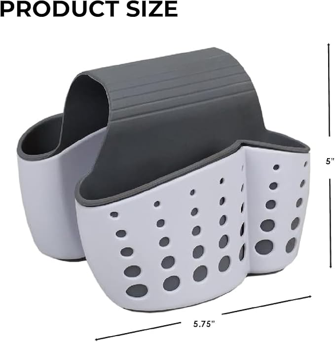Kitchen Sink Caddy - Silicone Plastic Soap Sponge Holder - BPA-free Rack - Faucet Caddy with Drain Holes for Drying - Adjustable Hanging Strap (White Double)