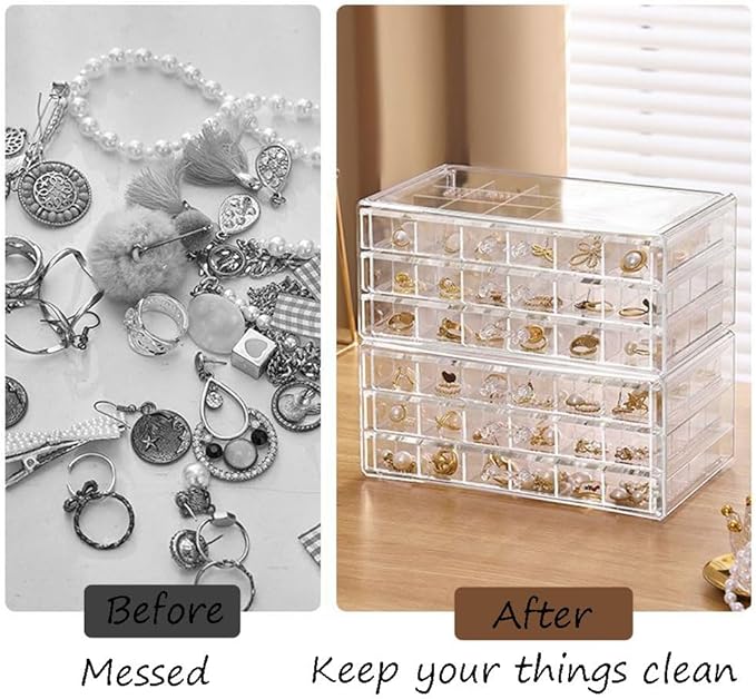 Earring Organizer Box Clear Storage Acrylic for Earrings Necklace Organizer Jewelry Box with 72 Grids Storage Compartments Transparent Ring Clear Jewelry Organizer