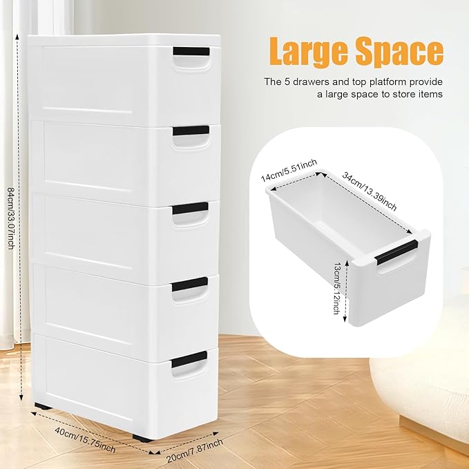 5 Drawers Stackable Storage Drawers Plastic Storage Drawers Collapsible Storage Bins Plastic Clothes Organizer Drawers Storage for Living Room,Bedroom,Office (White, 7.87" W)