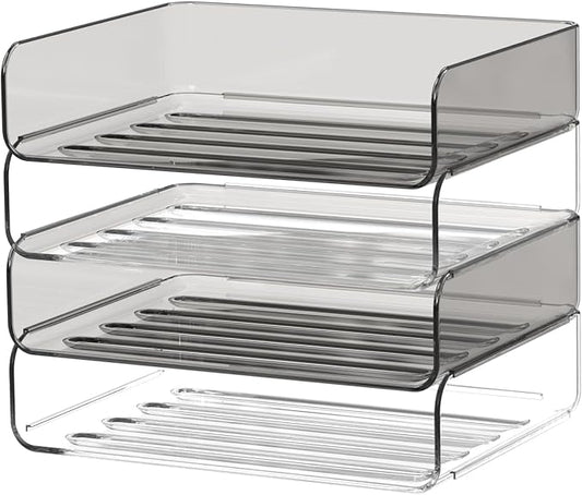 4-Tier Acrylic Paper Tray Organizer for Desk, Clear & Brown Stackable Letter Trays, Modern Desktop File Organizer with Snap-Fit Design, Office Desk Accessories