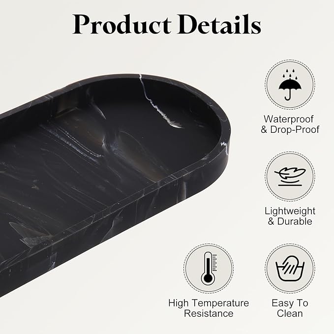 uxcell Bathroom Vanity Tray, 11.8" x 5" Oval Silicone Soap Dispenser Trays, Shatterproof Kitchen Sink Organizer for Soaps Keys Candle Trinket, Marble Black