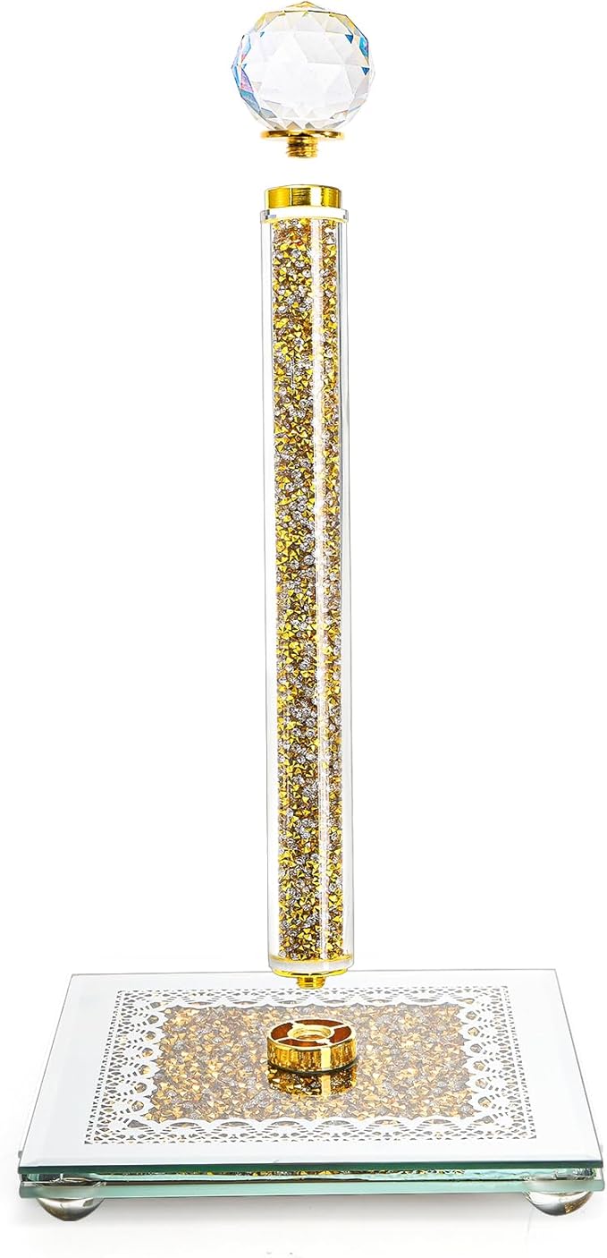 Suwimut Paper Towel Holder, Gold Paper Towel Roll Dispenser Stand Weighted Base Non Slip Filled with Sparkly Crystal Crushed Diamond House Decor for Home Kitchen Countertop Tabletop