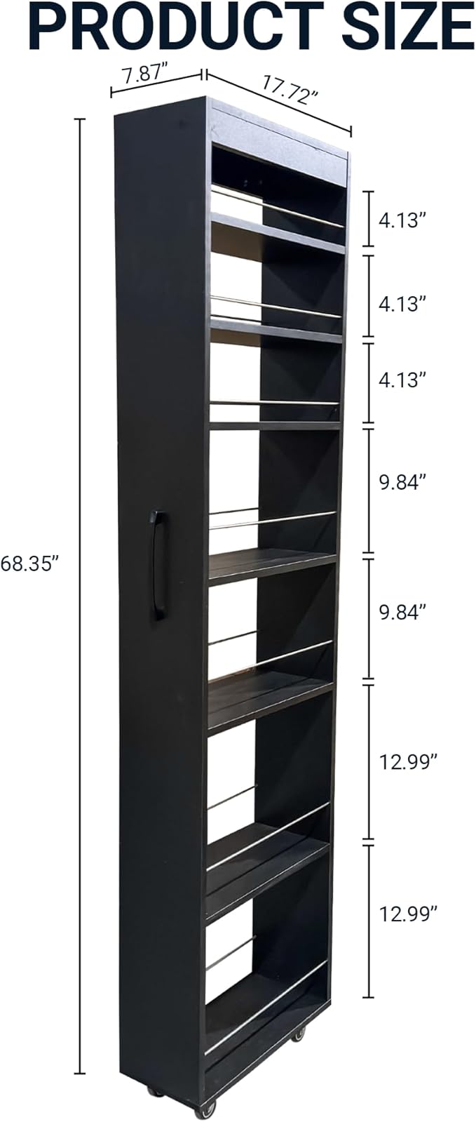 7-Tier Slim Storage Cart with Wheels, 7.9''W Pull Out Rolling Utility Cart, Mobile Shelving Unit Organizer with Handle, Narrow Multi-Functional Open Shelf for Kitchen, Bathroom (Black)