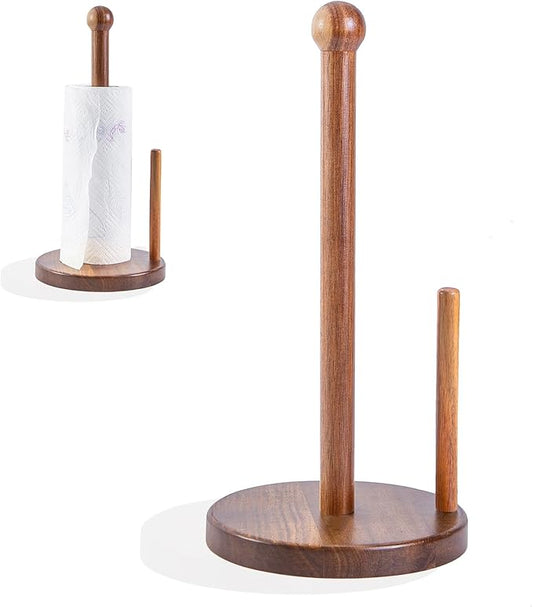 14" Acacia Wooden Paper Towel Holder, 6.7" Large Heavy Base Wooden Kitchen Towel Roll Stand Organizer Free Standing, Rustic Farmhouse Paper Towel Holder Stand, Standing Paper Towel Roll Holders
