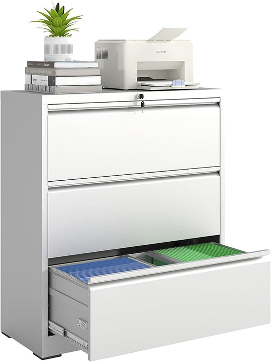 3 Drawer File Cabinet with Lock, Lateral Filing Cabinets,Metal Storage Filing Cabinets for Home Office, Heavy Duty File Cabinet for Letter/Legal/A4/F4 Size Amsseble Required, White