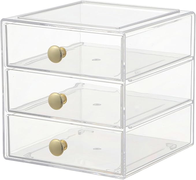 Makeup Drawer Organizer Box with 3 Drawers, Acrylic Cosmetic Display Case Vanity Organizer Jewelry Storage Box Stackable Storage for Cosmetics, Skin Care, Bathroom, Countertop, Gold Handle