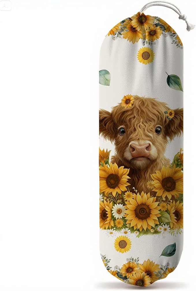 Plastic Bag Holder, Grocery Bag Organizer Storage, Kitchen Dispenser Holders Reusable Shopping with Adjustment Drawstring Closure for Kitchen Farmhouse Decor, Highland Cow