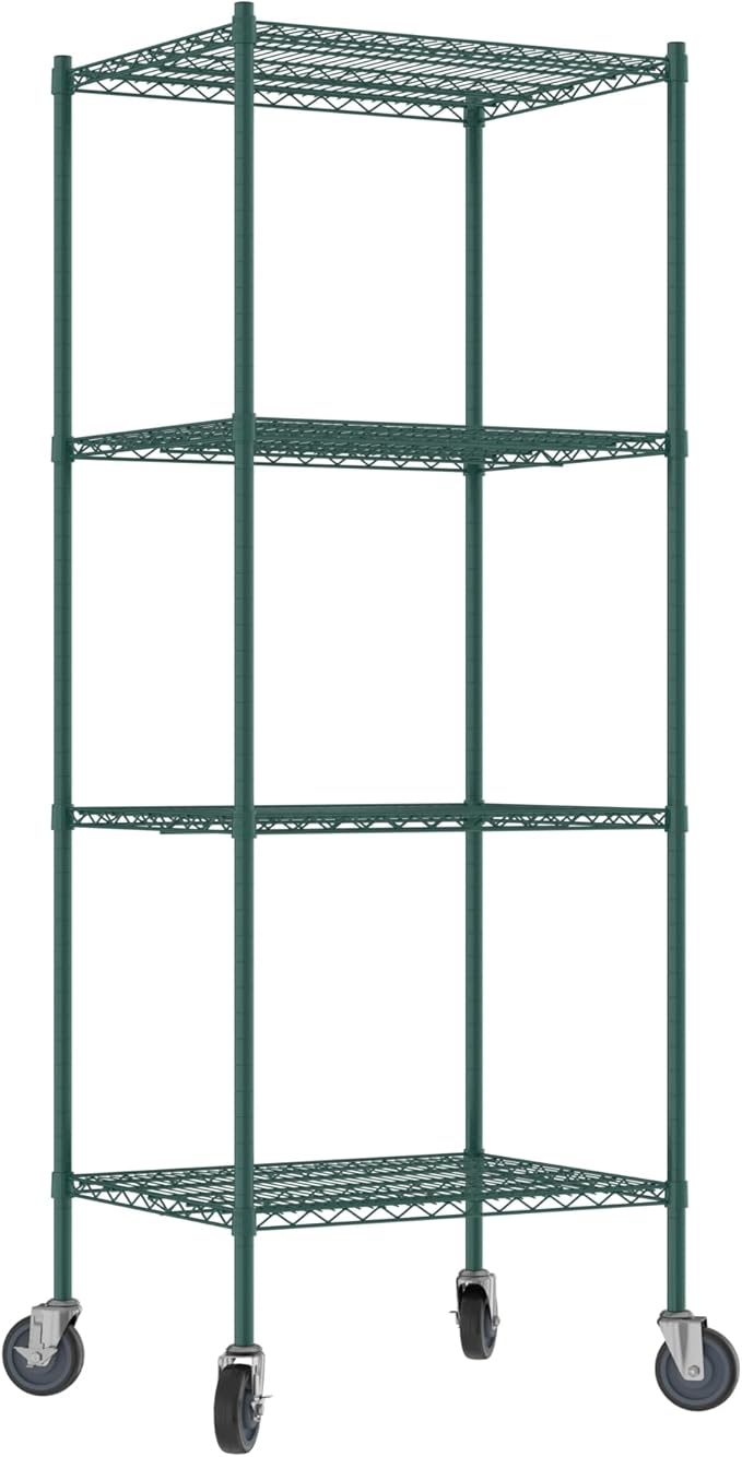 Commercial NSF Listed Green Epoxy Mobile Wire Shelving Kit 24" x 30" x 80", with 4 Shelves Perfect for Warehouse, Walk-in Refrigerator, Freezer, Grocery Store, Restaurant, Dishroom