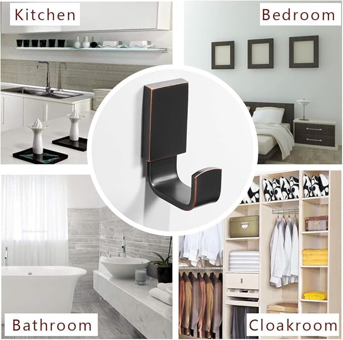 BESy Brass Clothes Hook Single Towel Hook for Bathroom Kitchen Garage Square Style Robe Hooks Coat and Hat Hook, Self Adhesive or Wall Mounted with Screws, Two Packs, Oil Rubbed Bronze