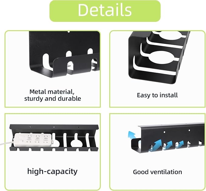 Gembirov Metal Cable Management Under Desk 2 Pack for Office and Home, Cable Hider, Cord Organizer,Screw Installation Cord Organizer for Desk, with Various Accessories (Black 2 Pack)