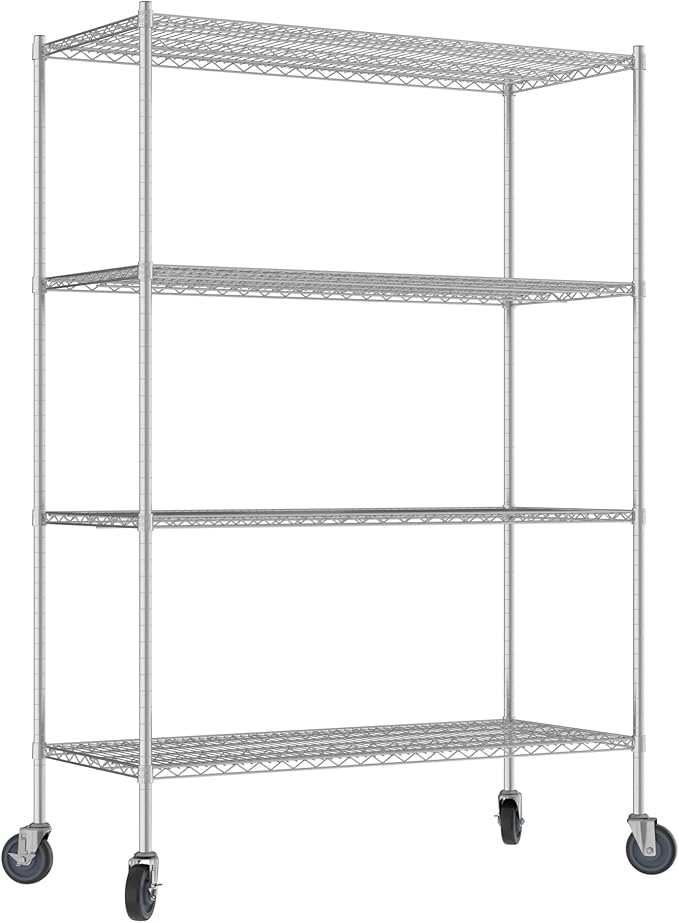 Commercial NSF Listed Chrome Mobile Wire Shelving Kit 24" x 54" x 80", with 4 Shelves Perfect for Warehouse, Walk-in Refrigerator, Freezer, Grocery Store, Restaurant, Dishroom