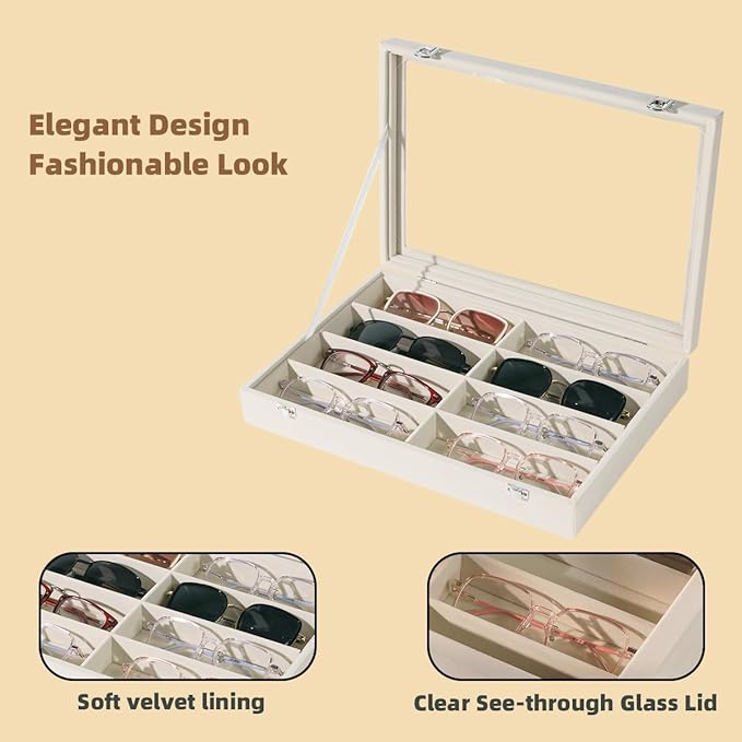 Glasses Holder Box Drawer Sunglass Organizer for Men Clear Wide Storage Case 8 Slots Multiple Reading Glasses Display, Beige Velvet With Clear Glass Lid
