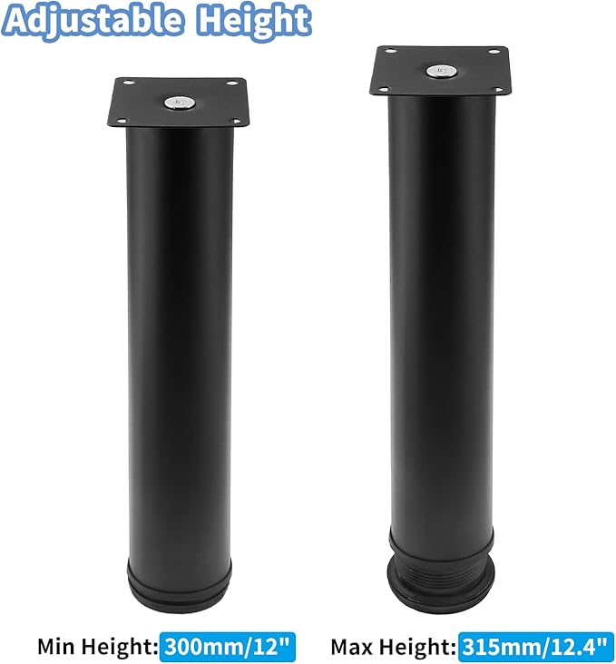 Set of 4 Stainless Steel Furniture Legs 12 Inch, Adjustable Round Cabinet Legs 2" Dia Kitchen Feet, Metal Replacement Legs for Cabinet Sofa Couch Shelves Table (Black)
