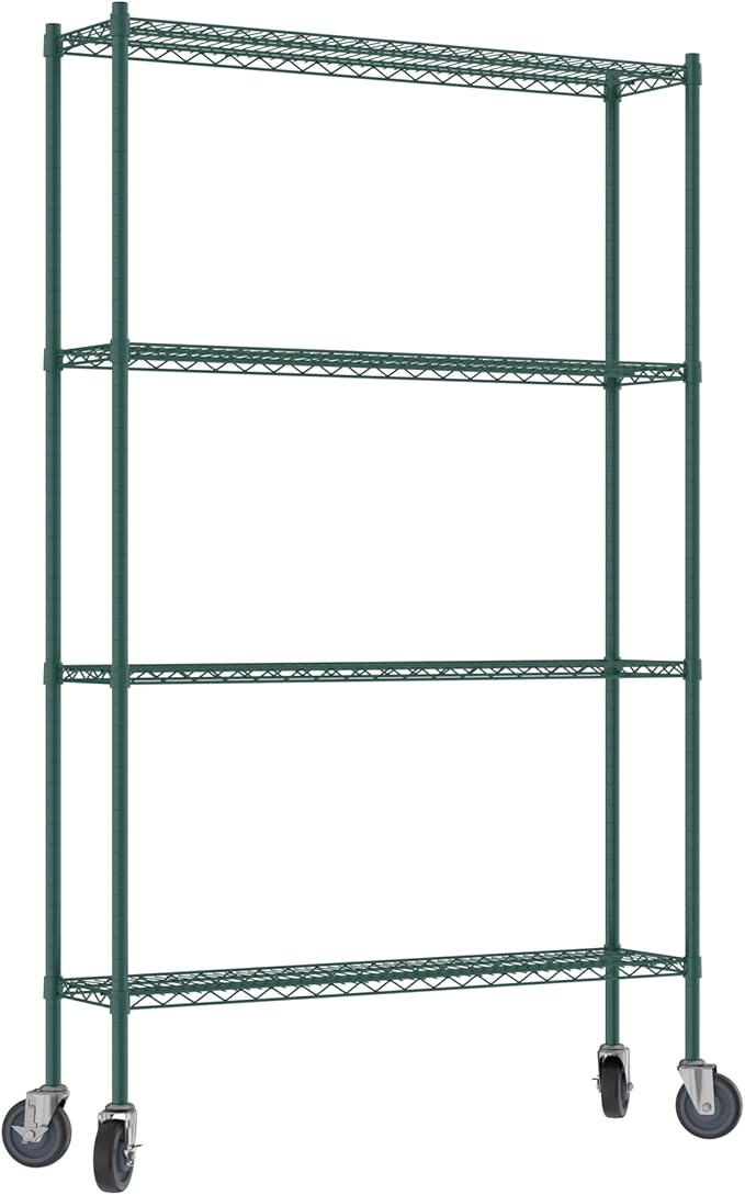 Commercial NSF Listed Green Epoxy Mobile Wire Shelving Kit 12" x 48" x 80", with 4 Shelves Perfect for Warehouse, Walk-in Refrigerator, Freezer, Grocery Store, Restaurant, Dishroom