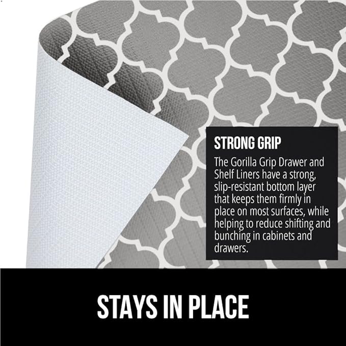 GORILLA GRIP DripGuard Shelf Liner, Non Adhesive Drawer and Kitchen Cabinet Protector, Slip Resistant BPA Free Smooth Surface Plastic Liners for Cabinets, Bathrooms, Closets, 12x240 Inch, White Gray