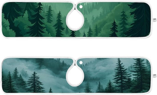 2 PCS Kitchen Sink Splash Guard 23.6 Inch Faucet Mat for Kitchen Sink Bathroom Sink Faucet Absorbing Drip Drain Mat Pad Microfiber Soft Washable Green Mountain Forest Trees