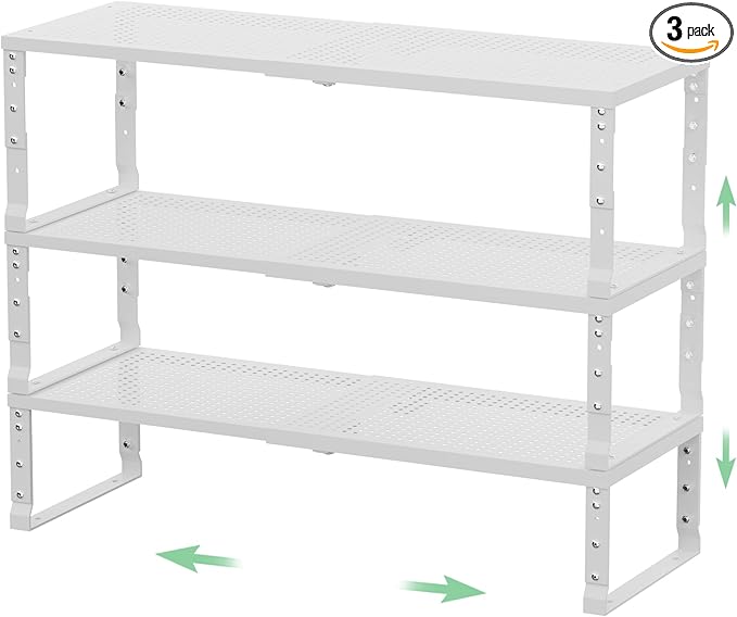 Flat Top Storage Rack - Expandable 16.5"~27" W Countertop Space Saver, Heavy-Duty Steel Construction, Powder Coated Finish for Kitchens, Bathrooms, Workshops or Offices