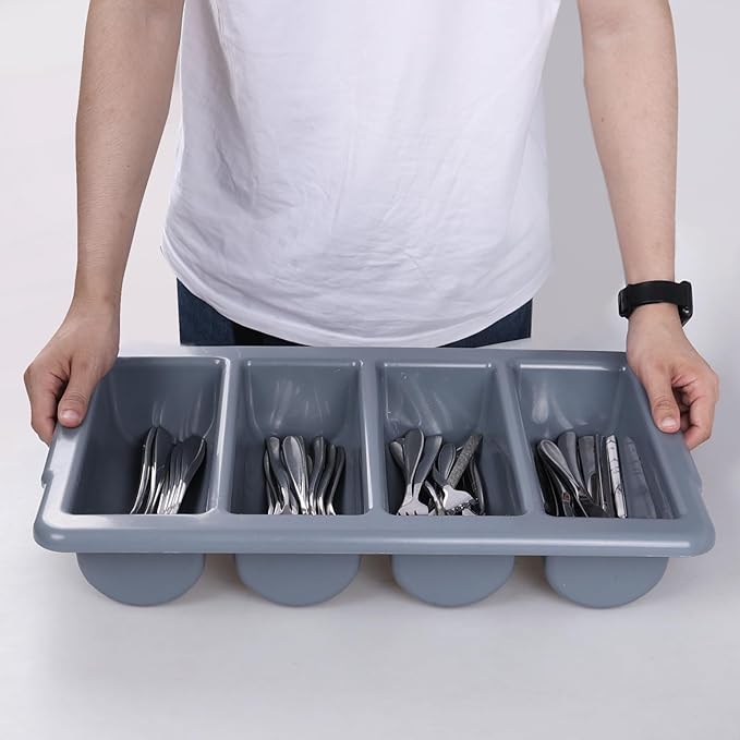 4 Pack Plastic 4-Compartment Commercial Cutlery Bin, Plastic Restaurant Silverware Holder Tray, Grey