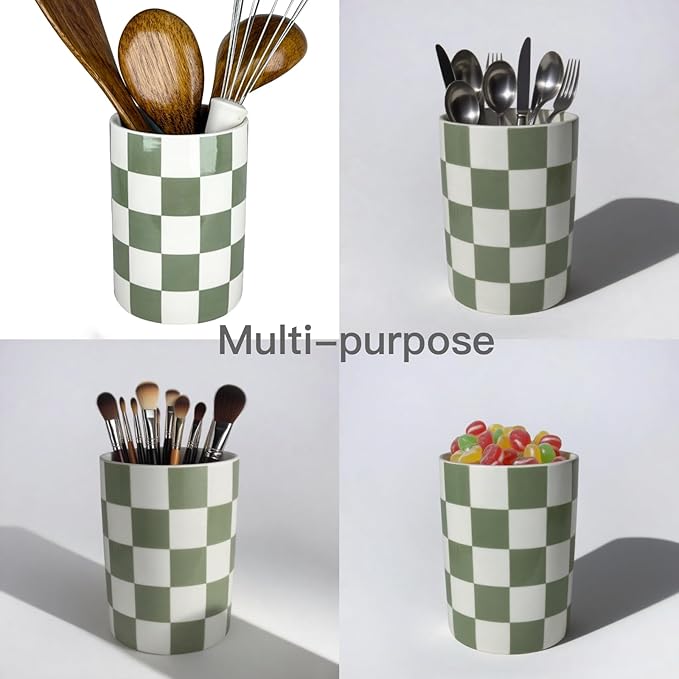Checkered Utensil Holder, 4.13''x5.71" Utensils Caddy for Kitchen Counter, Medium Size Utensil Crock for Countertop, Utensils Organizer Storage for Parties Dining-Modern Sage Green and White