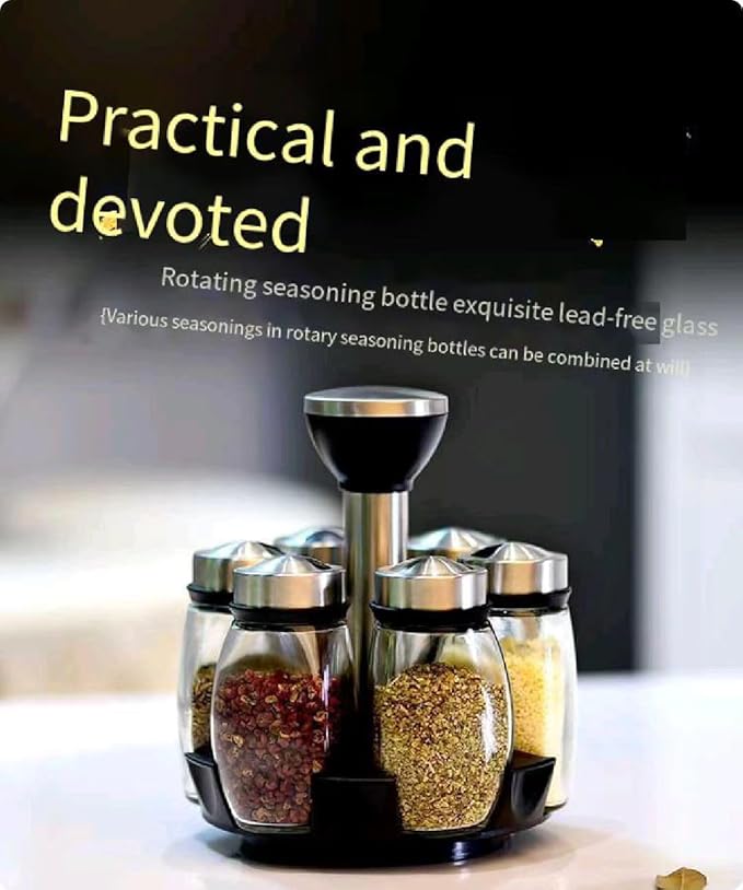 Kitchen rotating spice rack storage set, 360 degree rotating bracket, 6 glass jars, blank labels, space saving storage solution, suitable for kitchen and table use