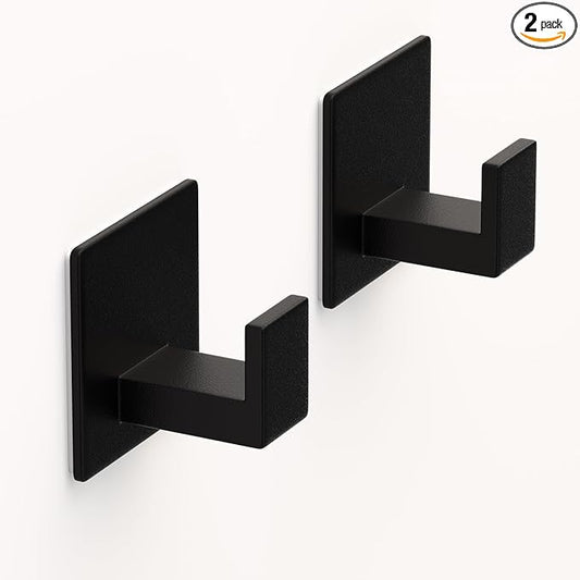 VINHOLD Adhesive Shower Hooks, Towel Hooks for Hanging Robe, Coat, Hat, Loofah, Heavy Duty Wall Hooks Stick on Bathroom, Kitchen and Office (2 Pack, Black)