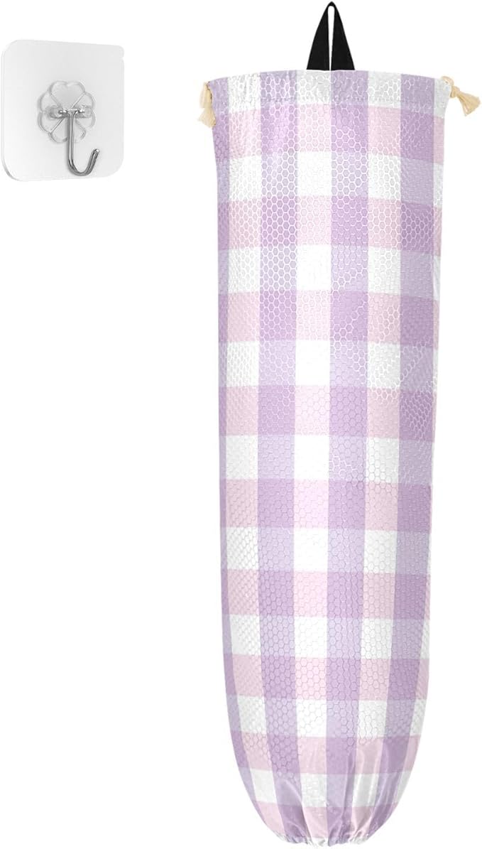 Plastic Bag Holder Wall Mount Grocery Bag Shopping Bag Storage Holder Organizer Dispenser with Adhesive Hook,for Kitchen Bathroom Home Decor 9x22inches Purple Plaid Pattern