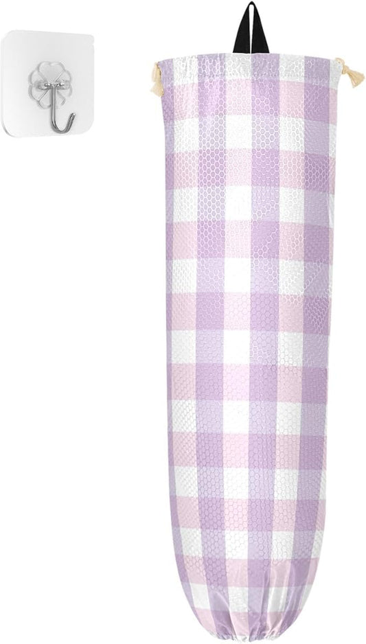 Plastic Bag Holder Wall Mount Grocery Bag Shopping Bag Storage Holder Organizer Dispenser with Adhesive Hook,for Kitchen Bathroom Home Decor 9x22inches Purple Plaid Pattern