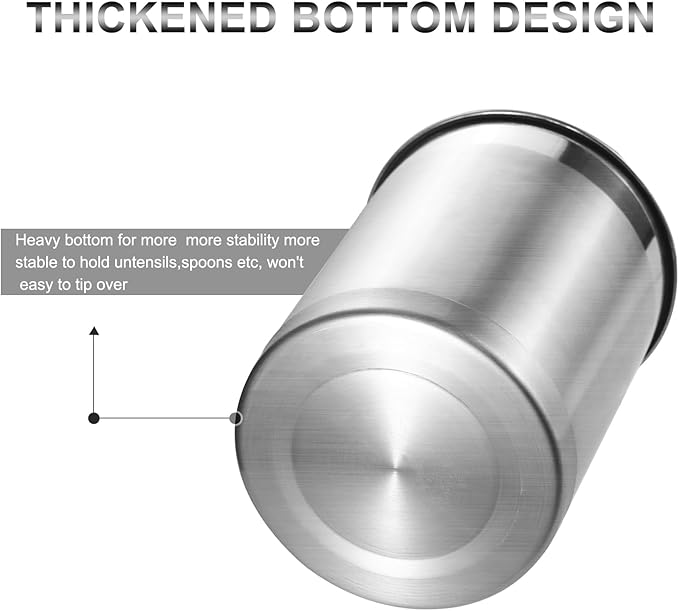 KSENDALO Stainless Steel Utensil Holder for Counter, Brushed Silver Metal Utensil Crock Canister for Cooking Utensils on Countertop, with Heavy Base, Dishwasher Safe, Silver